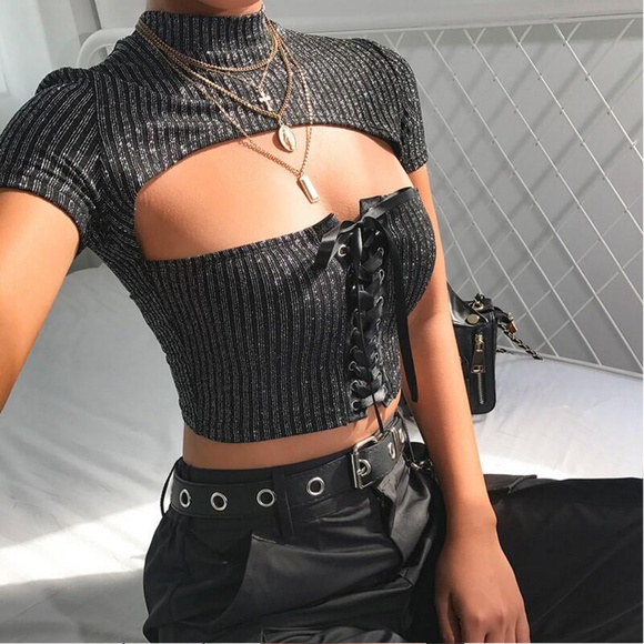 Lace Up Metallic Black Crop Top *DELETING FROM INVENTORY 11/19* - Picture 3 of 8